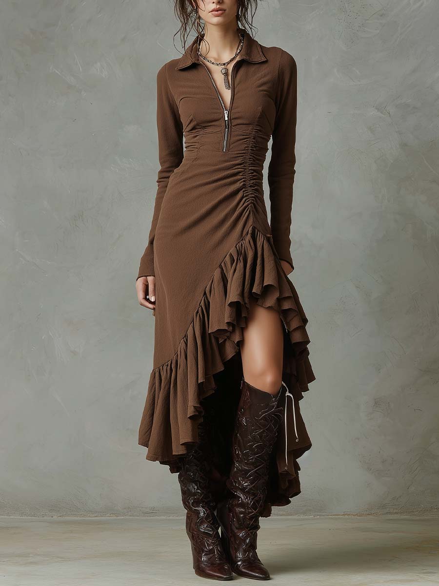 Ruffled High-Low Zip Midi Dress
