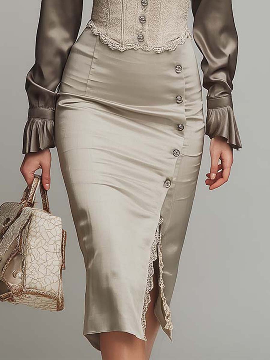 Elegant Champagne Taupe Corset-Waist Satin Midi Dress